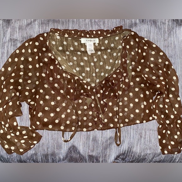 Sheer brown blouse with tan polka dots, women’s size medium - Picture 2 of 3